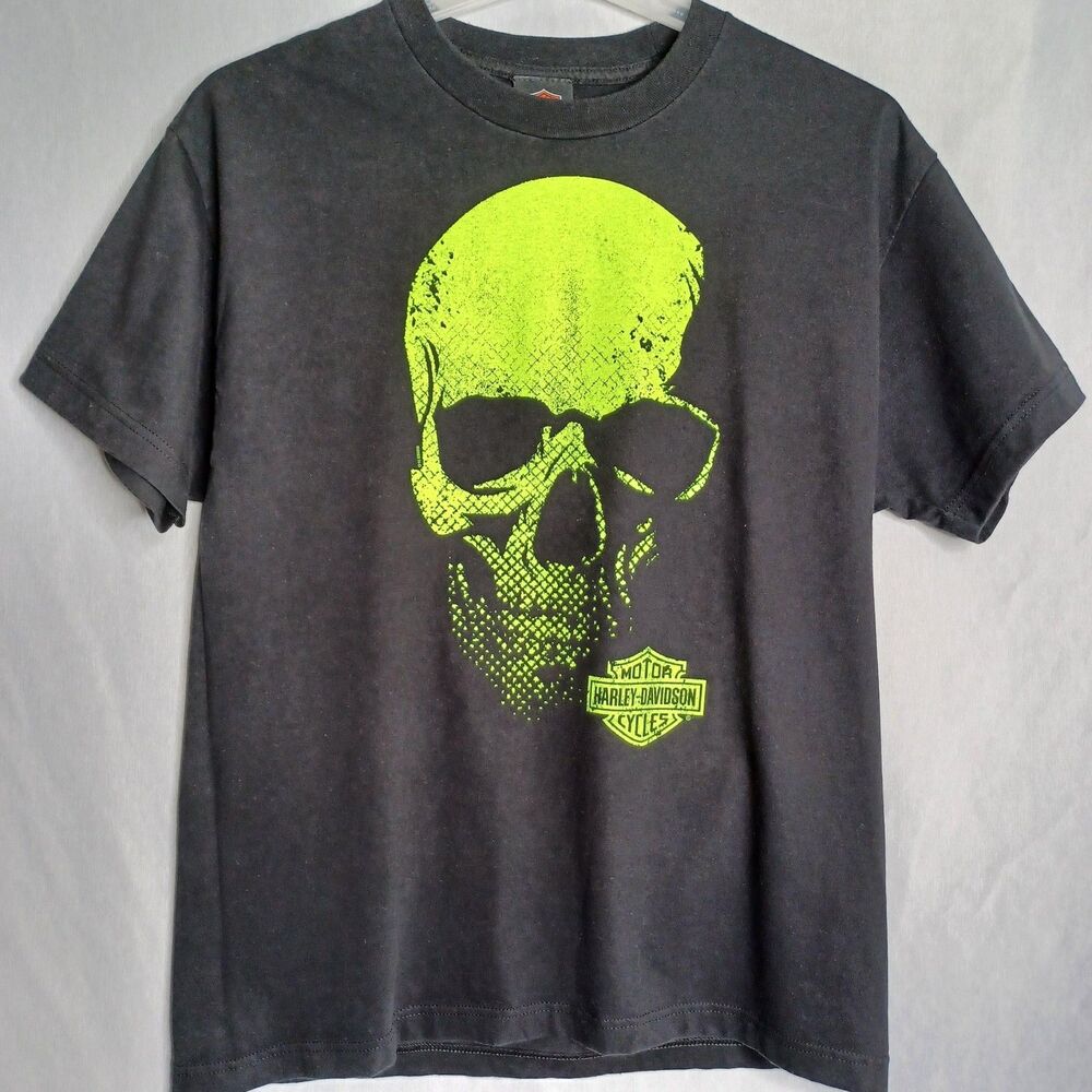 Harley-Davidson Shirt Mens Large Black Neon Skull Graphic Rock City Little Rock